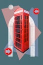 Funky pop art collage with red phone booth and classic architecture detail. Contemporary cityscape wallpaper art in