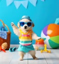 funky puppy dog with sunglasses and a hat, getting that kids joyous party started in the room full with toys