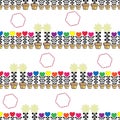 Funky rainbow heart and daisy pots with floral brushes seamless pattern background