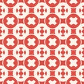 Funky red and white geometric seamless pattern with crosses, circles, squares, mesh, grid, repeat tiles. Royalty Free Stock Photo