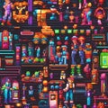 Funky 80s retro arcade game characters Pixel art style with bright neon colors and quirky designs2