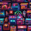 Funky 80s retro arcade game characters Pixel art style with bright neon colors and quirky designs1