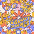 Funky Seamless pattern with retro 70s groovy elements, simple hippy symbols - Colored daisy flowers, sun, sunglasses Royalty Free Stock Photo