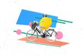 Funky summertime photo collage funny lady drive vintage bicycle have lemon fruit body ecology pollution summer colorful