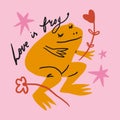 Funky ugly happy Valentines frog, groovy cute comic character. Boho doodle modern print funny handdrawn childish art