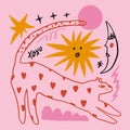 Funky ugly happy Valentines leopard cat, groovy cute comic character. Boho doodle modern print funny handdrawn childish