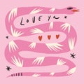 Funky ugly happy Valentines snake, groovy cute comic character. Boho doodle modern print funny handdrawn childish art