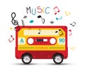 Funky Music Design with Retro Red Audio Cassette on Wheels and Colorful Notes on White Background