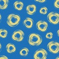 Funky yellow hand drawn abstract circles on vibrant blue background. Seamless vector pattern with a relaxed fun vibe