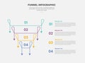 funnel base shape infographic outline style with 4 point template with reverse pyramid outline with bottom arrow for slide