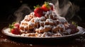 Funnel cake dessert adorned with strawberries and sugar