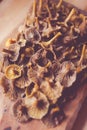 Funnel chanterelles on a wooden board