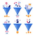 Funnel generation sales. Business lead generations, mail sorter funnels and pipeline sale optimisation vector concept illustration Royalty Free Stock Photo