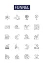 Funnel line vector icons and signs. Funneling, Spout, Narrow, Conical, Drain, Nip, Chute, Ingest outline vector