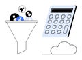 Data filtering through funnel with calculator and cloud concept visualization Royalty Free Stock Photo