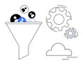 Data Filtering Process with Funnel, Users, Gears, and Cloud Integration Symbolizing Workflow Efficiency Royalty Free Stock Photo