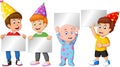 Funnt Four Little Boys Wearing Birthday Hat With Black Sign Board Cartoon