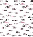 Funny Abstract Fish Vector Pattern. Hand Drawn Cute Fishes. White Background.