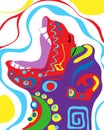 Funny abstract singing multi-colored monkey gorilla on colorful background. Psychedelic cartoon vector illustration