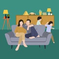 funny active daughter and son running parents sit on the sofa resting relaxed discussion. Modern Design Illustration Vector