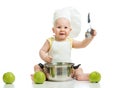 Funny adorable baby with green apples on white backgrou