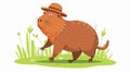 Funny adorable capibara walking in nature. An adorable rodent with hat enjoying summer holidays. Kids flat modern