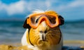Funny adorable guinea pig wearing swimming goggles. Lovely rodent at the seaside. Close up. Blurred backdrop. Generative AI