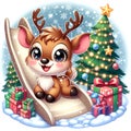 A funny and adorable reindeer on christmas vibe, with christmas tree on backdrop and the christmas gifts, snow, cartoon style