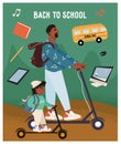 Funny african american father and son on electric scooters. Yellow bus, back to school concept. Autumn flat poster in cartoon