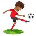 Funny African American soccer football player wearing red t-shirt running kicking a ball and smiling Royalty Free Stock Photo