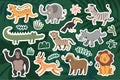 Funny african animals, vector stickers, cute giraffe, smiling zebra and dancing elephant, friendly jaguar, safari Royalty Free Stock Photo