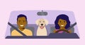 Funny afro american family with dog driving in car front. Vector flat style illustration