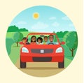 Funny afro american family driving in red car on weekend holiday.