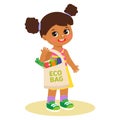 Funny afro american little girl with reusable cotton bag vector illustration.