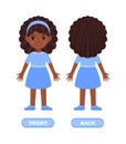 Funny Afro Black Girl in Dress and Shoes. Child has curly hair. Baby is standing in Front and Back of the view. Illustration for