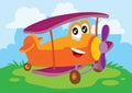 Funny airplane character with big eyes in red stands in a green meadow under a blue sky,