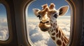 Funny airplane view to a giraffe. Generative AI.