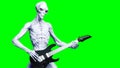 Funny alien plays on electric guitar. Realistic motion and skin shaders. 3d rendering.