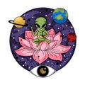 Funny alien sits on a pink jug and drinks coffee in space.