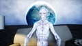 Funny alien watching TV on the sofa on the moon. Living on the moon concept. Earth background. 3d rendering. Royalty Free Stock Photo