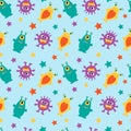 Funny aliens and multicolored stars on a blue background