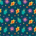 Funny aliens and multicolored stars on a dark blue background