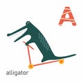 Funny Alligator Predator Green Animal Character Cartoon Style Vector Illustration with letter Royalty Free Stock Photo