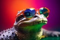Funny alligator wearing sunglasses in studio with a colorful and bright background. Generative AI