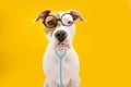 Funny American Staffordshire dog dressed as a doctor celebrating carnival, halloween or new year. Isolated on yellow colored