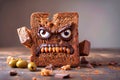 Funny Angry Bread Character with Eyes and Mouth, Chocolate and Peanut Snacks on Wooden Table Creative Concept for Breakfast Food