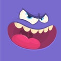 Funny angry cartoon monster face. Vector Halloween violet cool monster avatar with wide smile.