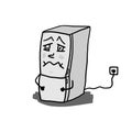 Funny angry fridge mascot. Cartoon design of an icebox character with sad face. Isolated vector drawing.