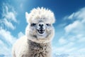 Funny angry-looking alpaca on blue background