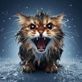 funny angry wet cat with open mouth emotion on solid blue background with water splash. ai generative